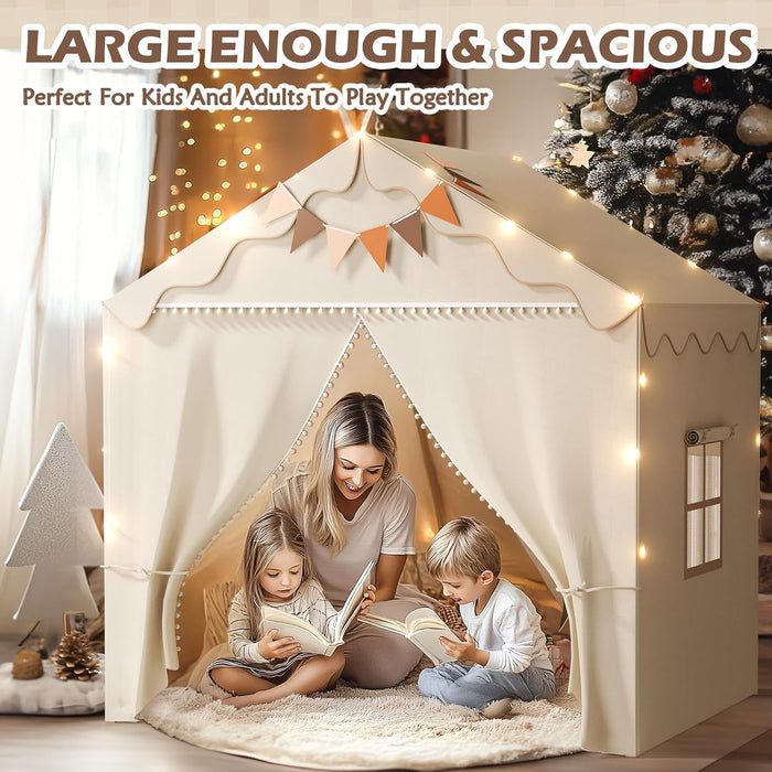 Play Tent for Kids, 2 in 1 Toddler Tent with Padded Mat and Light, Large Playhouse for Kids Indoor & Outdoor, 2 Doors and 4 Windows, 51" X 39" X 53", Toy Gift for Boys and Girls