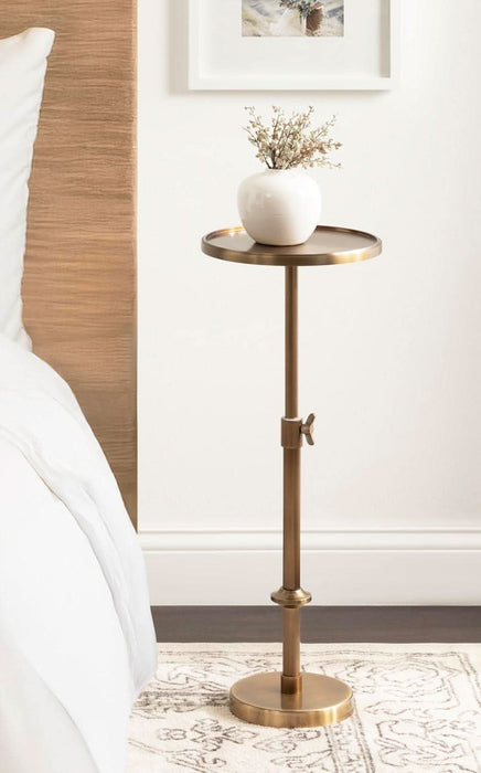 Engles Traditional Adjustable-Height Pedestal Drink Table, 10 X 10 X 30, Polished Brass, Vintage round Living Room Pedestal Table for Indoor Plant Stand with Protective Tabletop Lip
