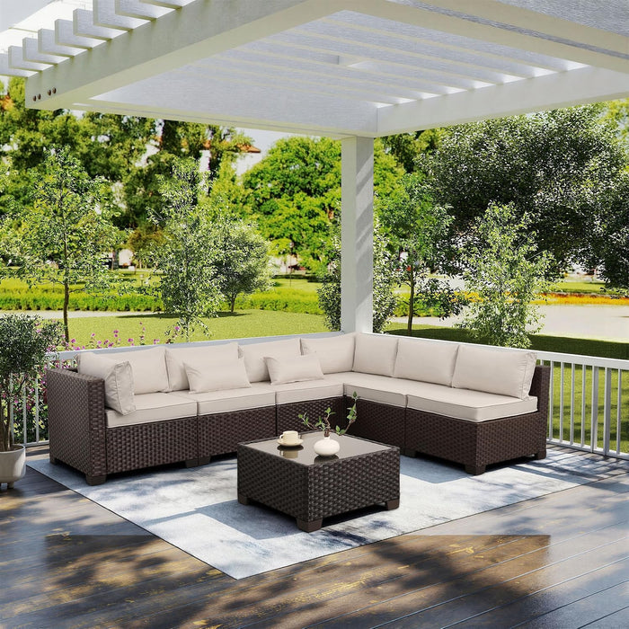 7 Pieces Wicker Patio Furniture Conversation Set Outdoor Sectional Sofa Glass Coffee Table with Non-Slip Cushions and Furniture Cover, Beige
