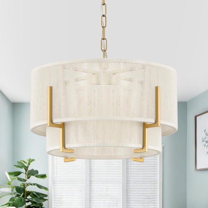 18'' White Woven with Metal Frame Rattan Chandelier