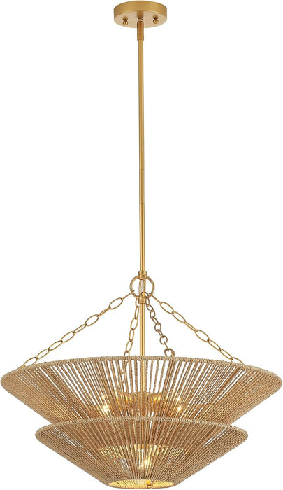 Modern Farmhouse Chandelier for Dining Room, 5-Lights Gold Chandelier for Entryway, Hand-Woven Rattan Pendant Light for Bedroom Kitchen Living Room