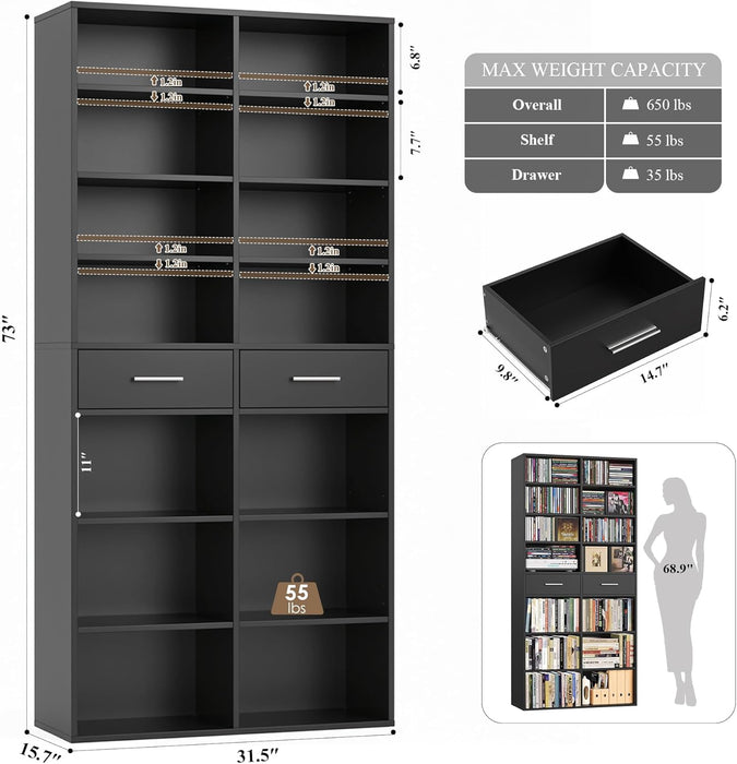 73" Tall Bookshelf with Drawers, 7-Tier Black Bookshelf with Storage, Double Wide Bookcase with 14 Open Book Shelves, Wood Book Case with Adjustable Shelves for Media CD DVD Storage, Black