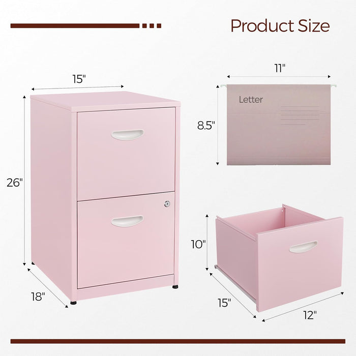 2 Drawer File Cabinet with Lock,Pink Metal Filing Cabinets,Vertical Locking File Cabinet Fit Hanging Files, Letter,File Box and A4 Documents(Pink)