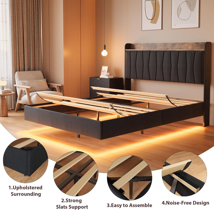 Full Floating Bed Frame with LED Lights & Charging Station, Upholstered Platform Bed with Storage Headboard, Wood Slats Support, No Box Spring Needed, Easy to Assemble, Black