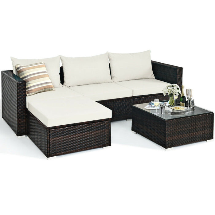 5 Pieces Patio Rattan Sectional Furniture Set with Cushions and Coffee Table