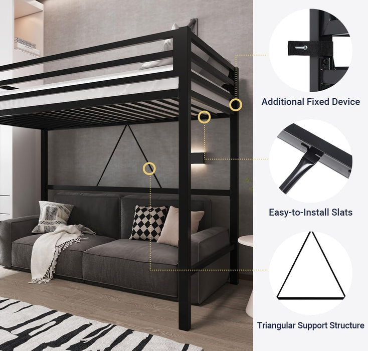 Metal Loft Bed Twin Size with Guardrail and Ladder, Small Space Saving Design for Bedroom Kid Room and Dorm, No Box Spring Needed, Black