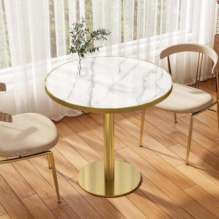 31.5" Circle Tulip Table with Sintered Stone Tabletop, Gold Edge & Pedestal | Modern round Dining Table, Leisure Bistro Table for Kitchen, Small Places, Living Room, Cafe, Restaurant (Snow Peak Marble)