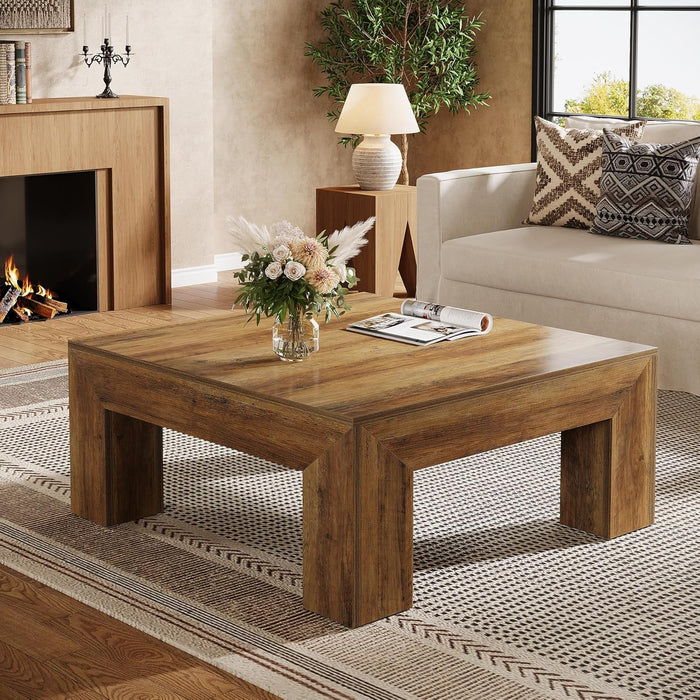 39.4-Inch Square Coffee Table for Living Room, Farmhouse All MDF Accent Center Cocktail Table with Sturdy Wooden Legs, Easy Assembly, Rustic Brown