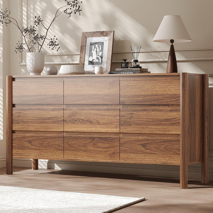 63" Wide Walnut 9 Drawer Dresser for Bedroom with Solid Wood Legs