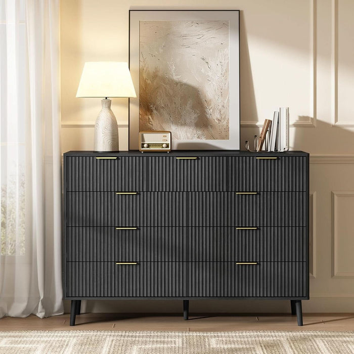 Fluted Nine Drawer Dresser FiftyFiveInch MatteBlack Organizer