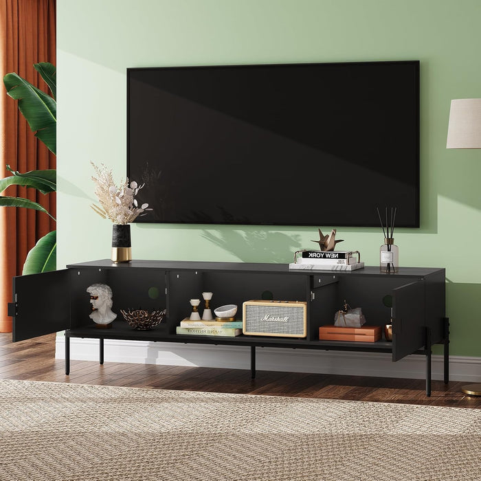 TV Stand for 65 Inch TV, Mid Century Modern Entainment Center with 2 Storage Cabinets & Open Shelf, TV Console Table Media with Metal Legs for Living Room, Bedroom, Black