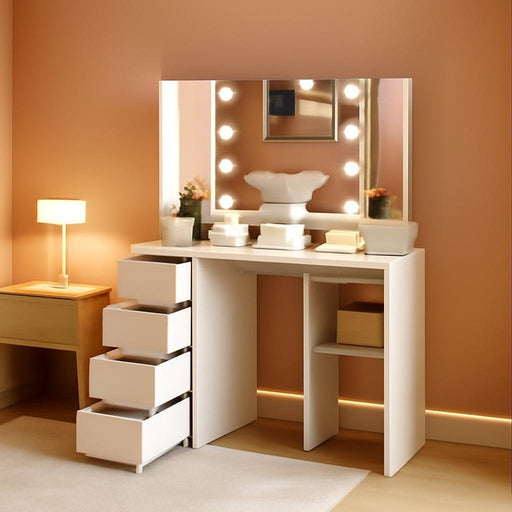 Corner Vanity Desk with Lighted Mirror & Power Strip,White Makeup Vanity Table with Lights,42 Inch Corner Vanity Mirror with Lights and 4 Drawer, 3 Lighting Modes, Brightness Adjustable