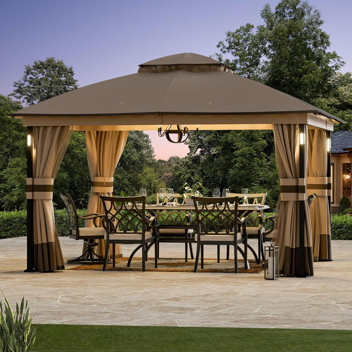 Patio Gazebo 11'X13' with LED Lights & Bluetooth Speaker, Heavy Duty Outdoor Canopy Shelter with Metal Frame, Double Roofs, Soft-Top Gazebo with Netting and Curtains for Backyard