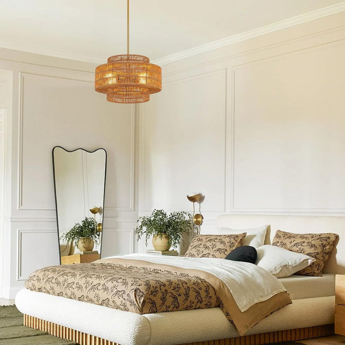 Boho Rattan Chandelier Four Light Fixture Goldtone