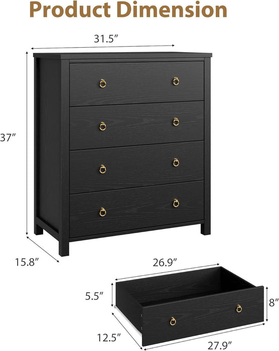 Black Storage Dresser Chest 4 Drawers 37InchesTall