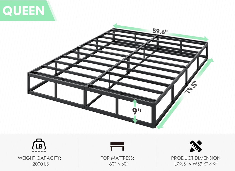9 Inch High Profile Box Spring, Sturdy Metal Frame Mattress Foundation, Easy Assembly, Quiet & Noise-Free, Queen Size