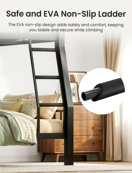Full XL over Queen Bunk Bed for Adults, Heavy Duty Metal Queen Bunk Bed Frame with Reinforced Steel Slats, Full-Length Guardrails & Anti-Slip Ladder, Noise-Free, No Box Spring Needed, Black