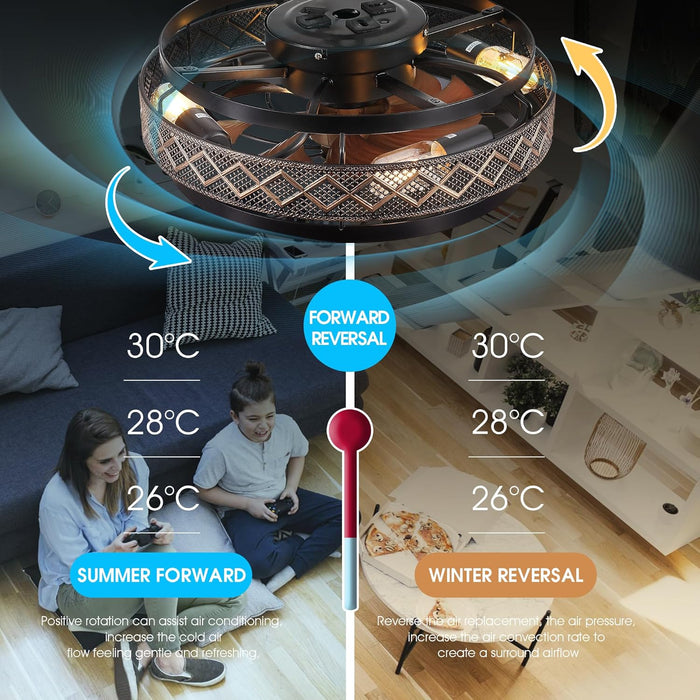 18" Low Profile Caged Ceiling Fans with Lights and Remote, Flush Mount Ceiling Fan with Light, Bedroom Fan, Small Industrial Black Ceiling Light Fixture, Reversible(Bulbs Not Included)