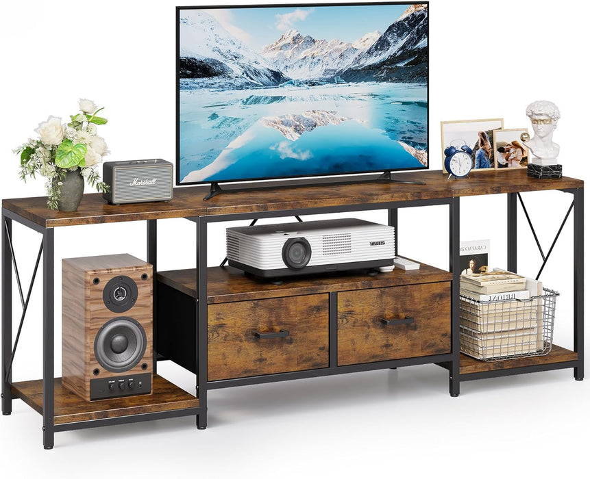 TV Stand for Tvs up to 75 Inch, Entertainment Center with Fabric Drawers, TV Media Console Table with Open Storage Shelves for Living Room, Bedroom, Rustic Brown
