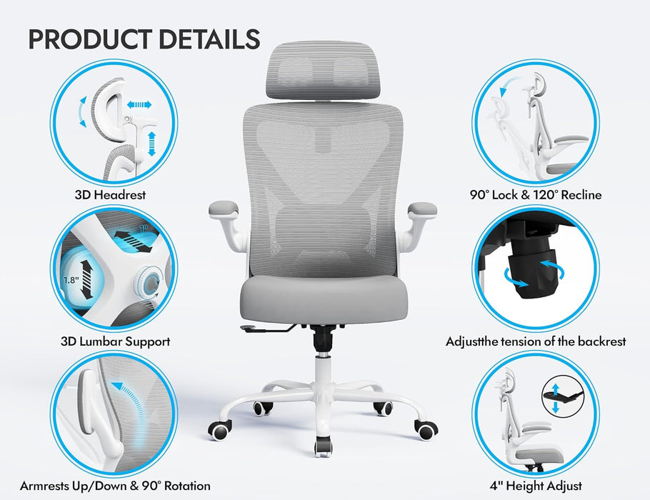 Ergonomic Office Chair: Mesh Desk Chair Comfy with Headrest& Lumbar Support