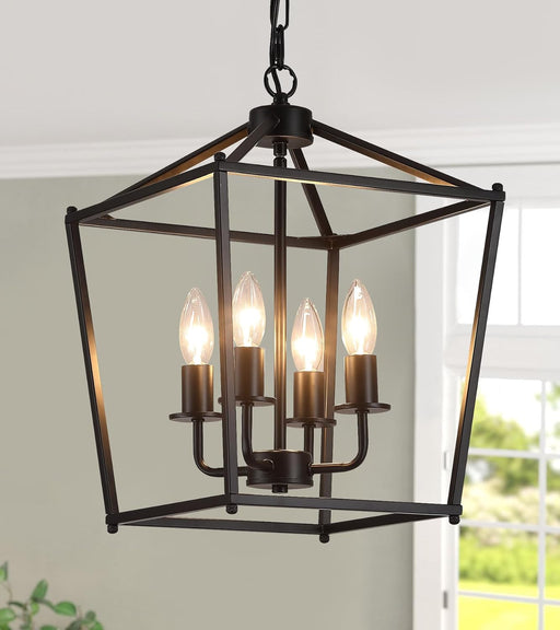 UL Listed Black Industrial 4 Light Lantern Chandelier Ceiling Light Fixtures Farmhouse Metal Cage Rustic Geometric Pendant Light for Kitchen Island Entryway Dining Room Stairs and Hallway