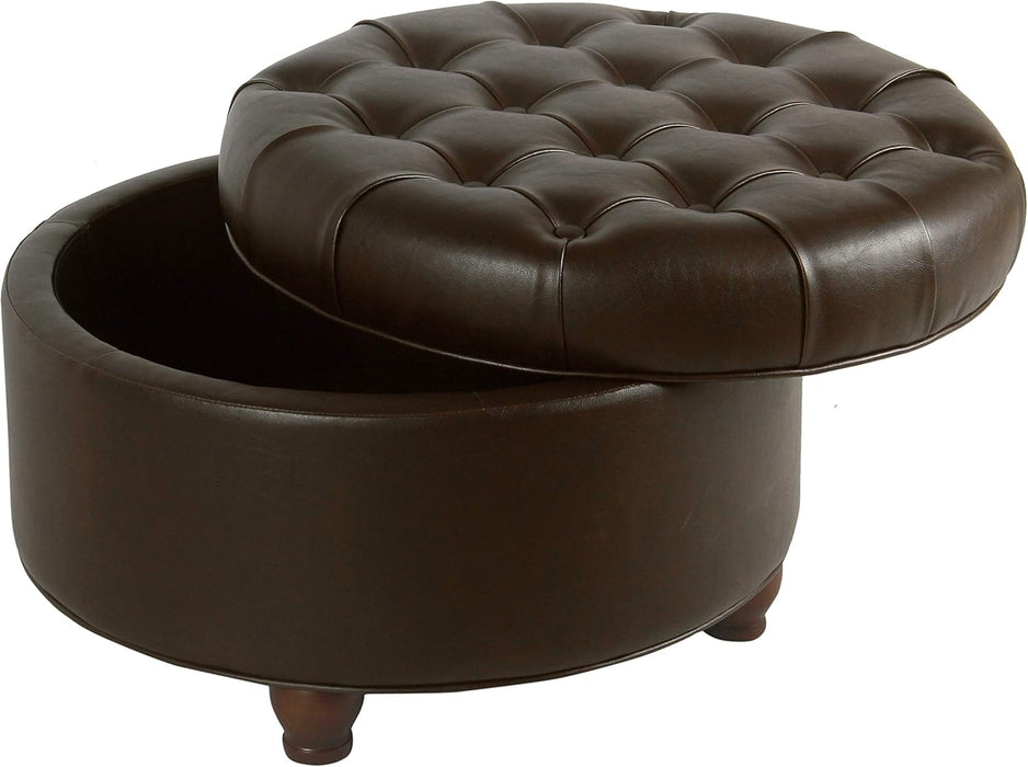 Home Decor | Button Tufted Faux Leather round Storage Ottoman | Ottoman with Storage for Living Room & Bedroom (Distressed Brown)