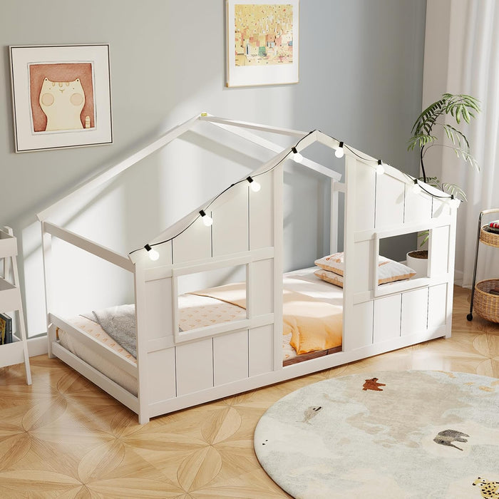 Twin Floor Bed LowProfile SolidWood LEDLights White