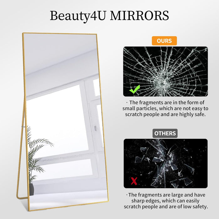 71" X 32" Large Full Length Mirror with Stand, Gold Wall Mounting Full Body Mirror, Metal Frame Full-Length Tempered Mirror for Living Room, Bedroom