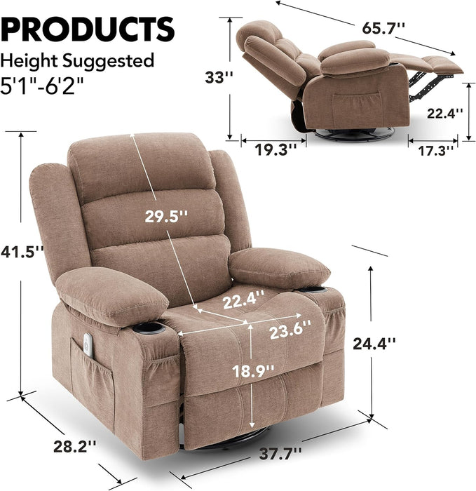 Rocker Recliner Chair with Heat and Massage, 360° Swivel Recliner Chairs for Adults, Oversized Recliner Single Sofa Seat with Cup Holders, Brown