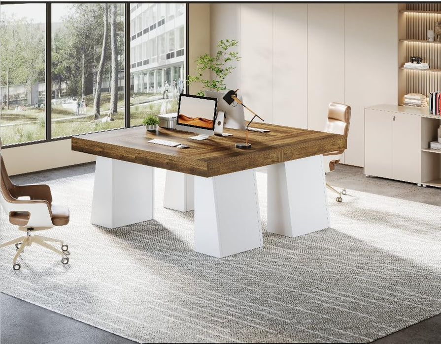 55-Inch Executive Desk, Large Wood Office Computer Desk with Double Pedestal, Modern Minimalist Workstations Writing Table Conference Table Furniture for Home Office, Brown&White