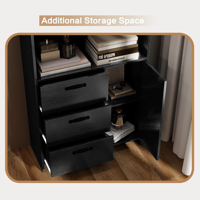 6-Tier Bookshelf with Door and 3 Drawers, 71" Tall Bookcase with 3-Tier Open Shelves, Wooden Book Shelf with Storage Cabinet for Home Office, Living Room, Bedroom, White (Black Bookcase) | with 3-Tier Open Shelves, Wooden Book Shelf with Storage Cabinet for Home Office, Living Room, Bedroom, Black