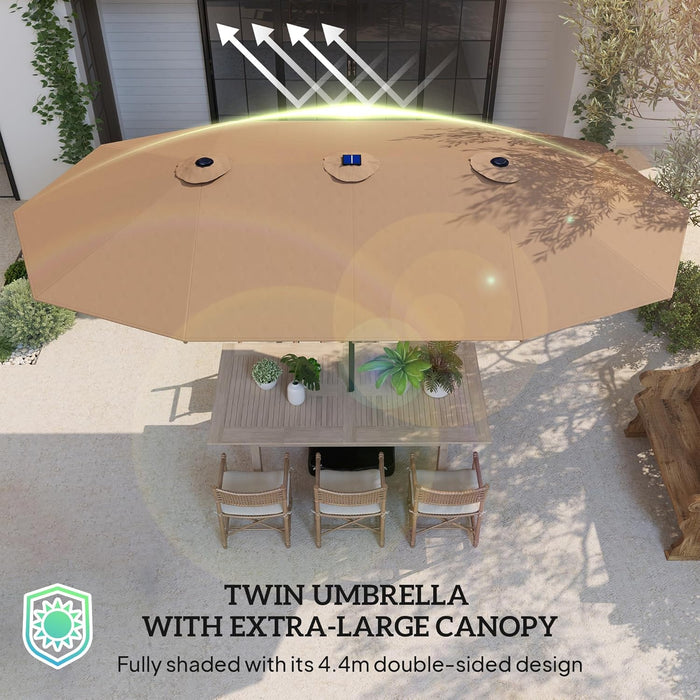14.4Ft Large Patio Umbrella with 36 Solar LED Lights, Double Sided Outdoor Umbrella with Base Included