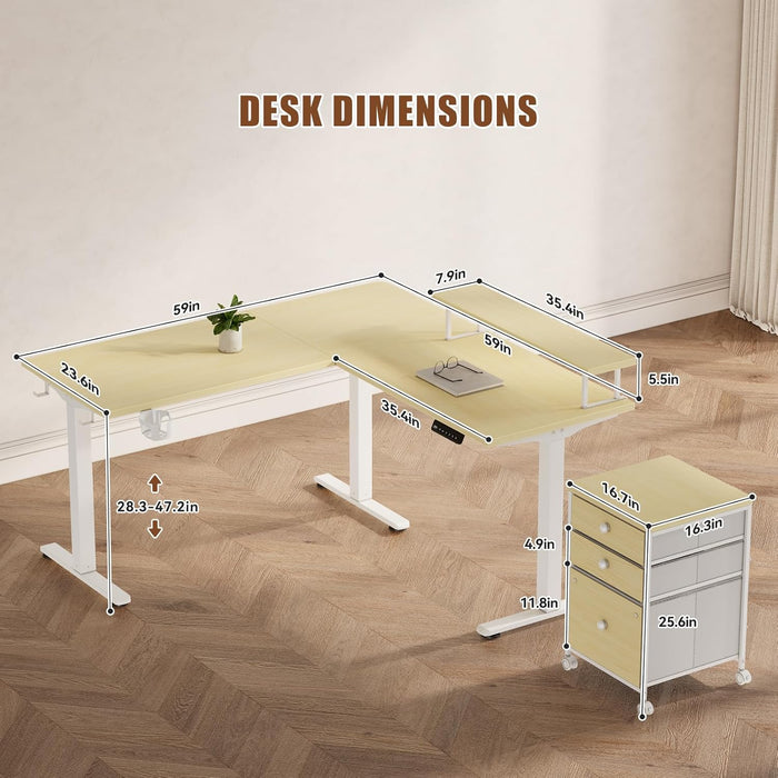 Electric L Shaped Standing Desk with File Cabinet, 59" X 59" Corner Computer Desk with Drawers, Dual Motor Stand up Desk with Storage, Home Office Standing Desk Adjustable Height, Maple