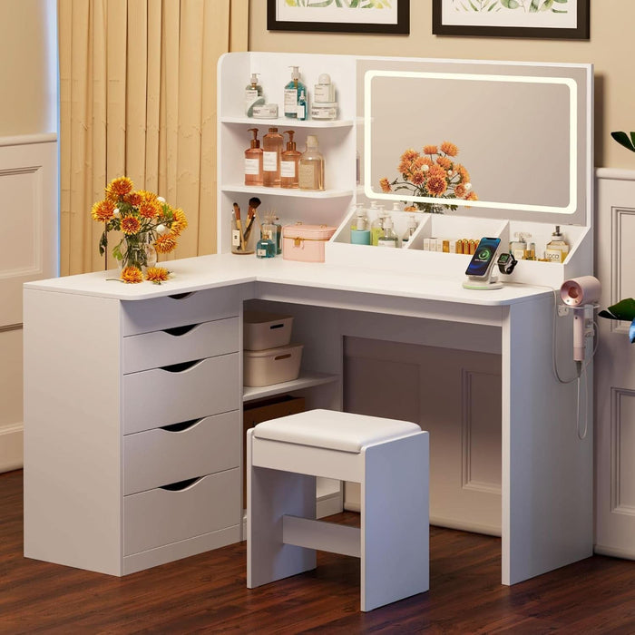 Makeup Vanity Desk with Mirror and Lights, L- Shaped Vanity, Modern Vanity Table with 5 Drawers & Adjustable Shelves, Power Outlet with Fast Charging, for Bedroom (White)