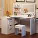 Makeup Vanity Desk with Mirror and Lights, L- Shaped Vanity, Modern Vanity Table with 5 Drawers & Adjustable Shelves, Power Outlet with Fast Charging, for Bedroom (White)