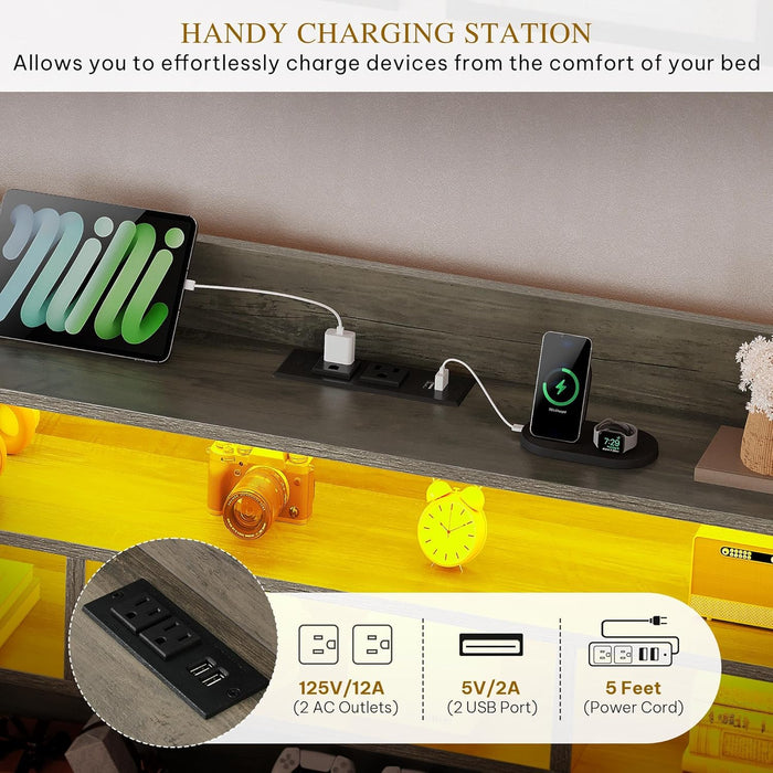 Queen Size Bed Frame with RGB LED Lights & Storage Bookcase Headboard, Upholstered Bed with Charging Station and 4 Drawers, No Box Spring Needed, Easy Assembly, Noise-Free, PU Leather Black