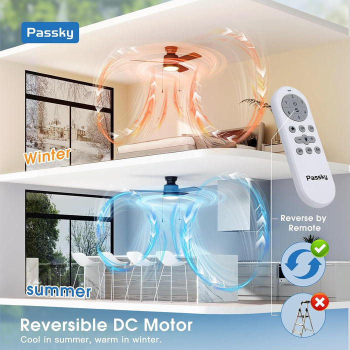 Ceiling Fans with Lights, 42 Inch Low Profile Ceiling Fan with Pull Chain and Remote Control, Flush Mount, Reversible, 3CCT, Dimmable, Noiseless, Black Pull Cord Ceiling Fan for Bedroom