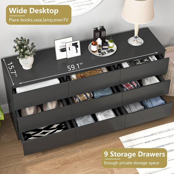 Black 9 Drawer Dresser for Bedroom, Long Dresser with Deep Drawer,Modern Wide Wood Storage Chest of Drawer, Bedroom Storage Furniture,Tv Stand for Living Room