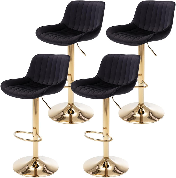 Velvet Bar Stools Set of 4 - Swivel Counter Height Barstools with Back & Adjustable Height, Modern Gold Kitchen Island Stools for Bar, Armless Pub Stools, Soft Black Upholstered Seating