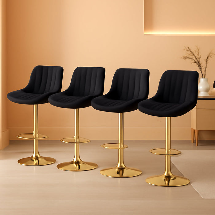 Velvet Bar Stools Set of 4 - Swivel Counter Height Barstools with Back & Adjustable Height, Modern Gold Kitchen Island Stools for Bar, Armless Pub Stools, Soft Black Upholstered Seating