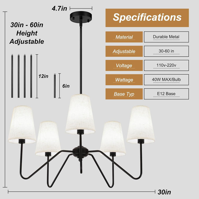 5-Light Modern Chandeliers, Pendant Lights Fixture with Linen Beige Fabric Shade for Living Room Dining Room Bedroom Hallway Entryway, Height Adjustable,E12