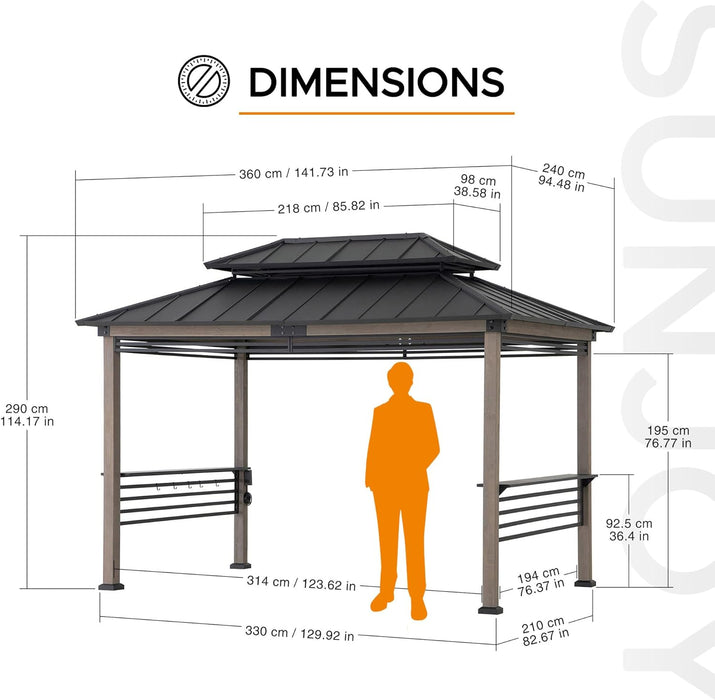 Wooden Grill Gazebo with AC Power Port, 8 X 12 Ft. Steel Hardtop Outdoor Gazebo for Year-Round Grilling, Cedar Framed Gazebo with Built-In Electrical Outlets and Decorative Fence, Black