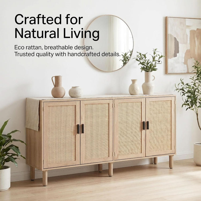 4 Door Sideboard Buffet Cabinet, Kitchen Storage Cabinet with Rattan Decorated Doors, Cupboard Console Table, Boho Accent Liquor Cabinet for Home Bar, 62.3X 15.7X 34.6 Inches, Natural