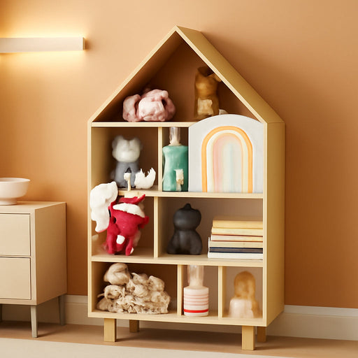 Natural Wood House Shaped Kids Dollhouse Bookshelf