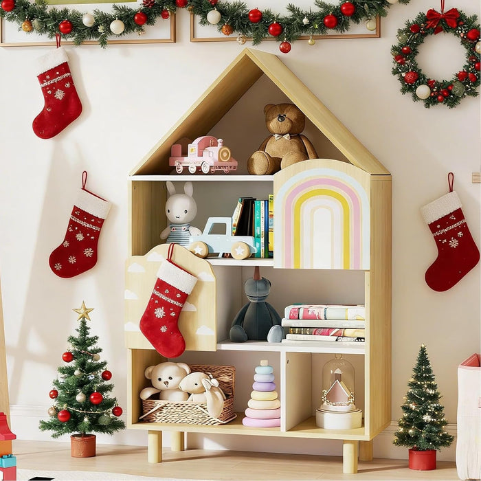 Natural Wood House Shaped Kids Dollhouse Bookshelf