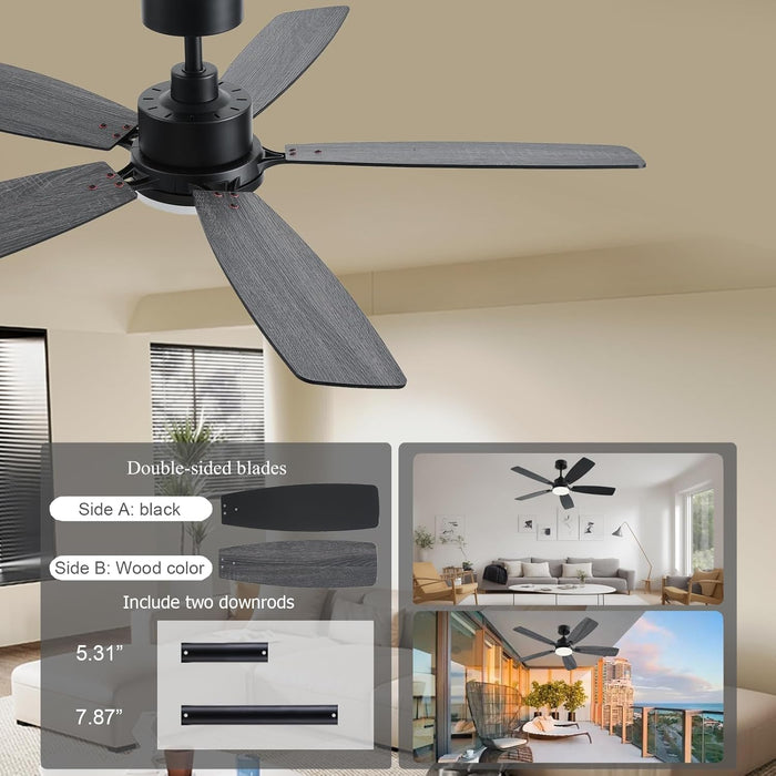 52 Inch Ceiling Fans with Lights, Black Ceiling Fan and Remote/App Control, 2 Downrods, DC Reversible, Noiseless, Dimmable, 5 Dual-Sided Blades Modern Ceiling Fan for Indoor/Outdoor Use