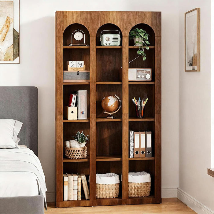 5-Tier Farmhouse Arched Bookshelf, 70.87-Inch Mid Century Modern Arched Bookcase with Open Shelves, Tall Book Shelf Vintage Display Storage Shelving Unit for Home Office, Rustic Brown