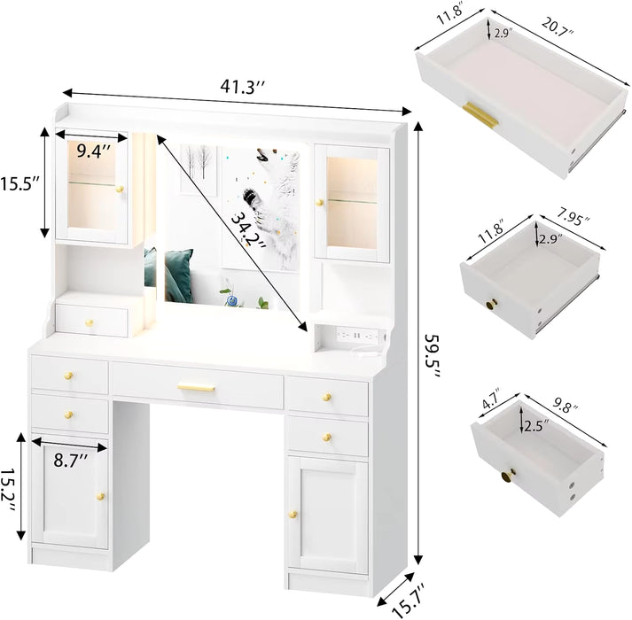 White Vanity Desk with Mirror,Lights and Charging Station,Make up Vanity Mirror with 3 Lights Mode and Brightness Adjusted