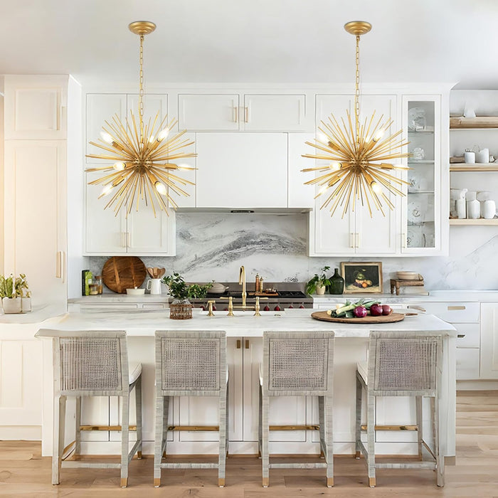 Modern 20In Gold Sputnik Chandelier 9-Lights Mid-Century Starburst Chandelier Solid Metal Firework Satellite Urchin Light Fixture over Table for Foyer Dining Room Kitchen Bedroom Living Room