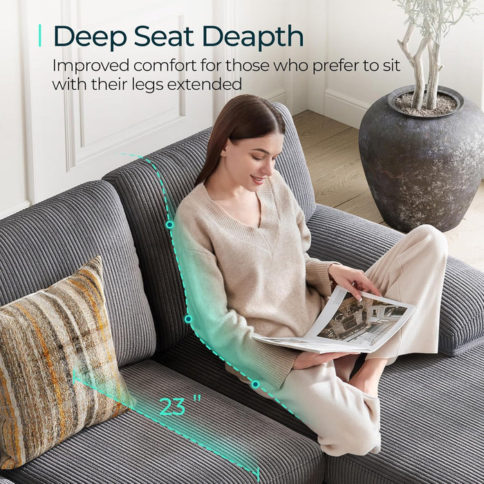 Sectional Couch, 111'' W Corduroy U Shaped Sofa with Sleepable Armrests, 4 Seat Couch with Double Chaises, Deep Sofa for Living Room, Grey